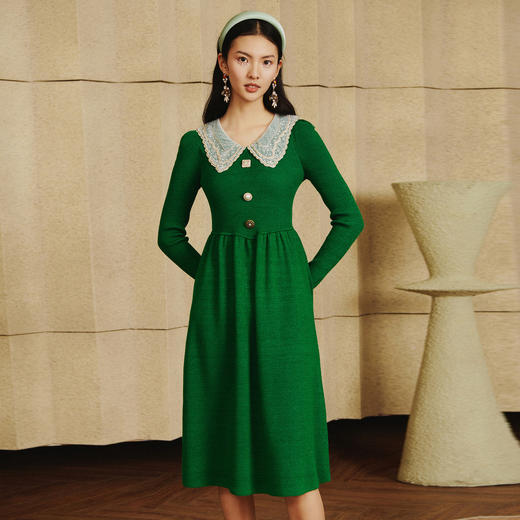 法式复古刺绣领松石绿毛针织连衣裙秋季裙子 商品图3