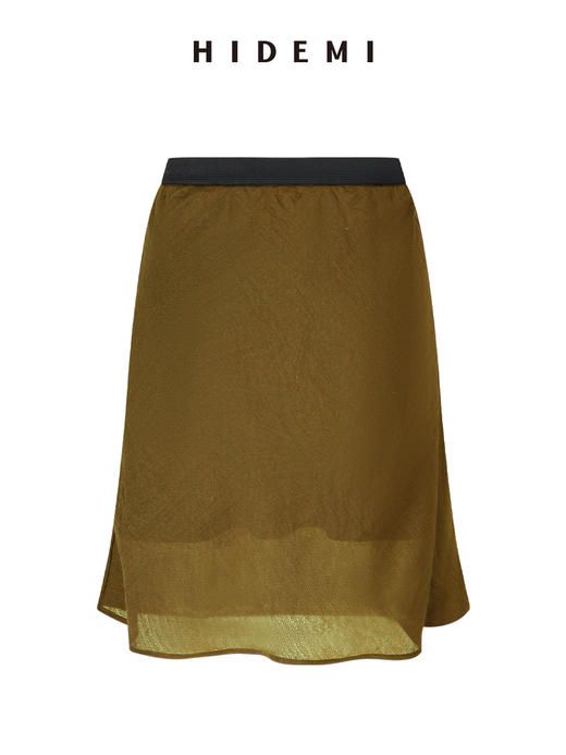 HIDEMI 极简法式松紧腰双层砂洗缎面中裙半身裙 复古黑/复古红/复古绿 商品图12