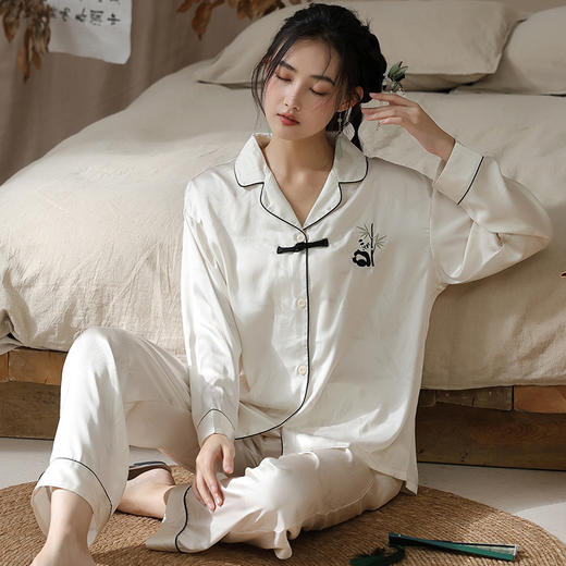 新中式盘扣国风春秋季新款睡衣冰雪丝长袖国潮睡衣优雅端庄家居服休闲舒适套装 商品图2