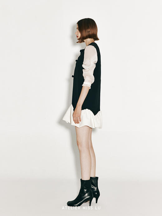 【卷云缭绕】翻卷云朵设计纱袖拼接直身连衣裙 商品图3