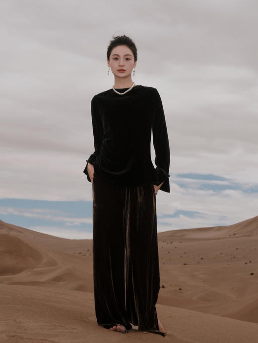 盛唐婧 |新中式丝绒阔腿裤-咖色 商品图0