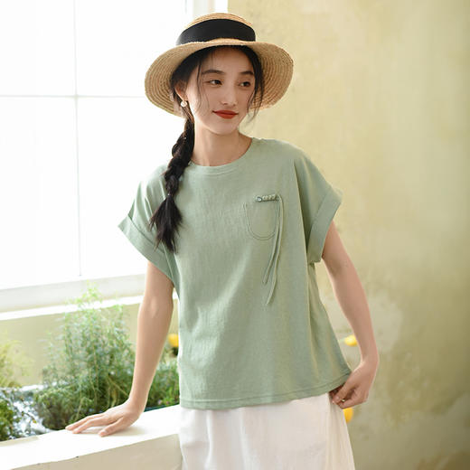 雀说新款中国风圆领短袖t恤女设计感新中式针织上衣AL6297 商品图2