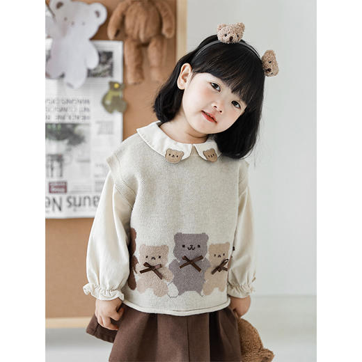 【女童小熊可爱套装】秋连衣裙马甲卡通绣标花边衬衫儿童裤子 商品图1