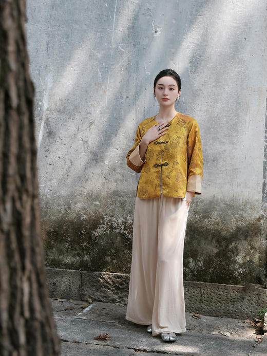 下架|盛唐婧 |新中式丝绒阔腿裤-杏色 商品图1