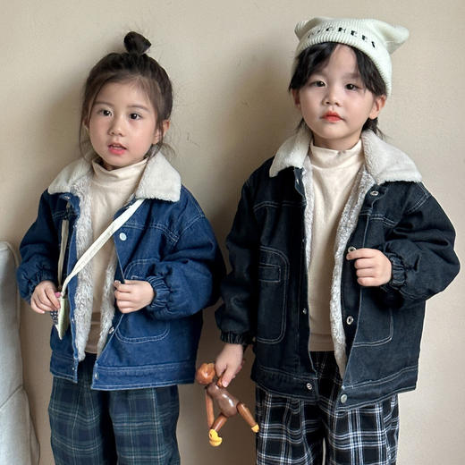 【儿童仿兔毛加绒厚牛仔棉衣】男女童2024新款秋冬季宝宝装短款外套 商品图0