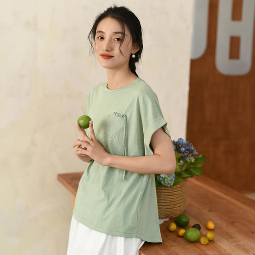 雀说新款中国风圆领短袖t恤女设计感新中式针织上衣AL6297 商品图7