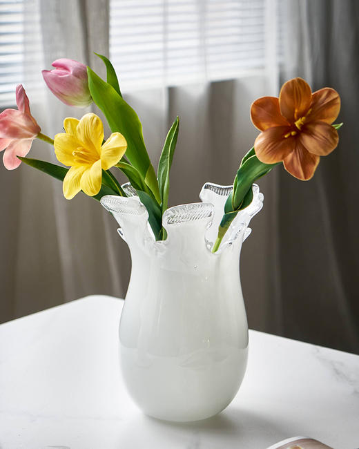 现代中古凤白色花边口玻璃花瓶水培花插花器工艺品摆件 商品图1