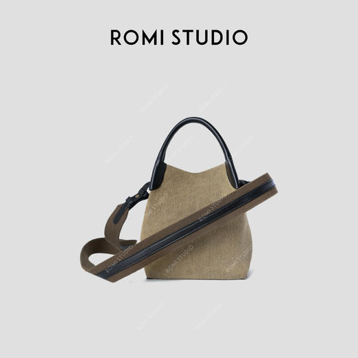 ROMI STUDIO“率性从容”牛皮拼黄麻混纺大容量手提水桶包 434T3006 商品图0
