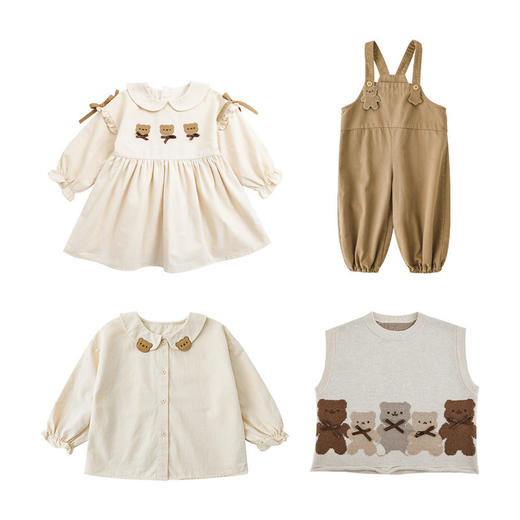 【女童小熊可爱套装】秋连衣裙马甲卡通绣标花边衬衫儿童裤子 商品图4