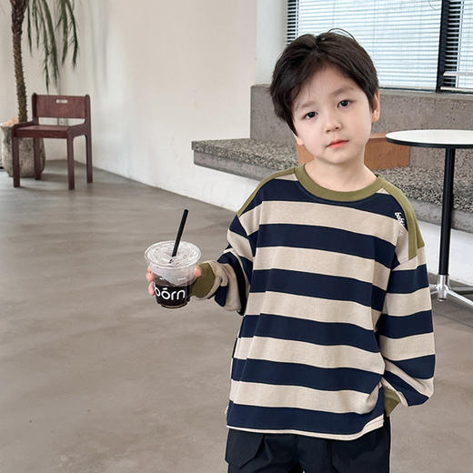 艾摩贝贝儿童2024秋款拼色长袖上衣男童宝宝洋气宽松棉质条纹卫衣 商品图1