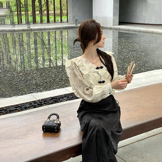 金蘑菇菇 兰亭序·水墨/轻国风 水墨晕染 花边领新中式衬衫 商品图1