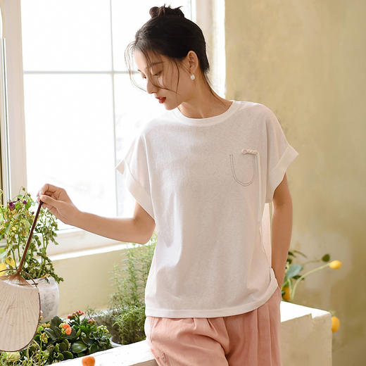 雀说新款中国风圆领短袖t恤女设计感新中式针织上衣AL6297 商品图0