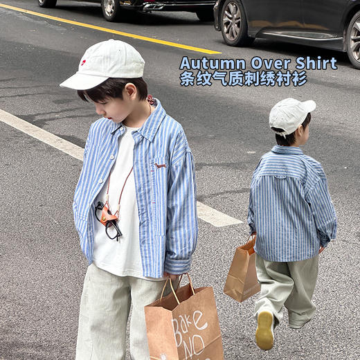 艾摩贝贝儿童衬衫2024秋男童帅气竖条纹刺绣翻领上衣中大童衬衣潮 商品图0