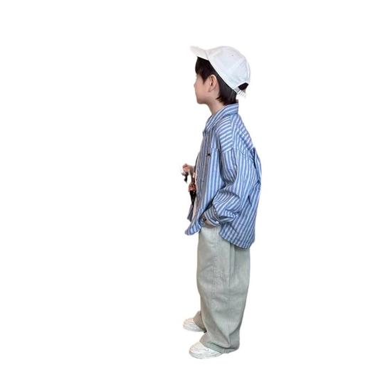 艾摩贝贝儿童衬衫2024秋男童帅气竖条纹刺绣翻领上衣中大童衬衣潮 商品图4