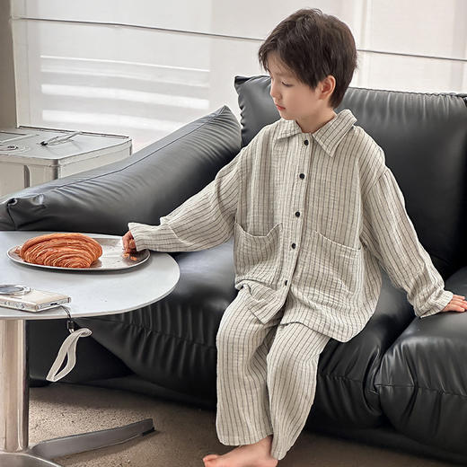 艾摩贝贝全棉格子家居服套装2024秋儿童中小大童气质条纹舒适睡衣 商品图1
