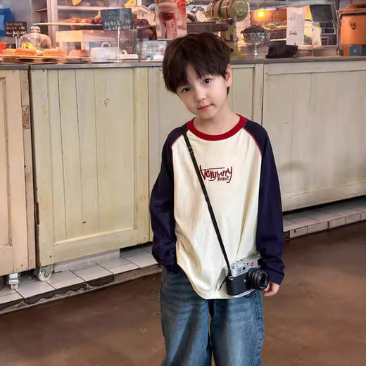 艾摩贝贝2024秋款中小大童插肩长袖纯棉T恤男童帅气拼色字母上衣 商品图1