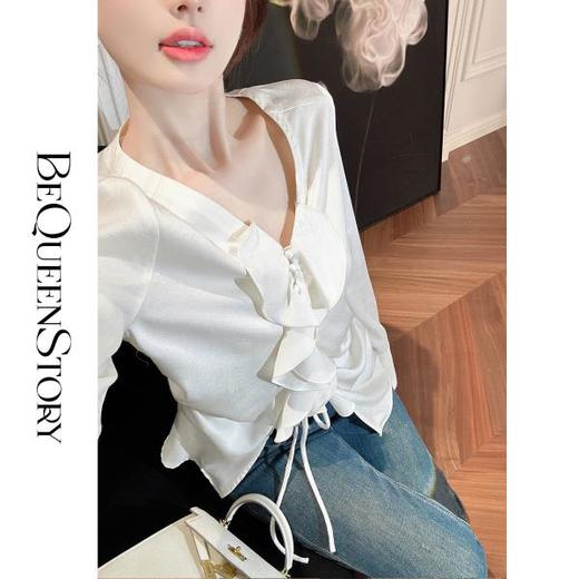 【年终福利，不退不换】  【冷萃玫瑰】高贵上档次设计感荷叶边系绳显瘦长袖衬衫 商品图4