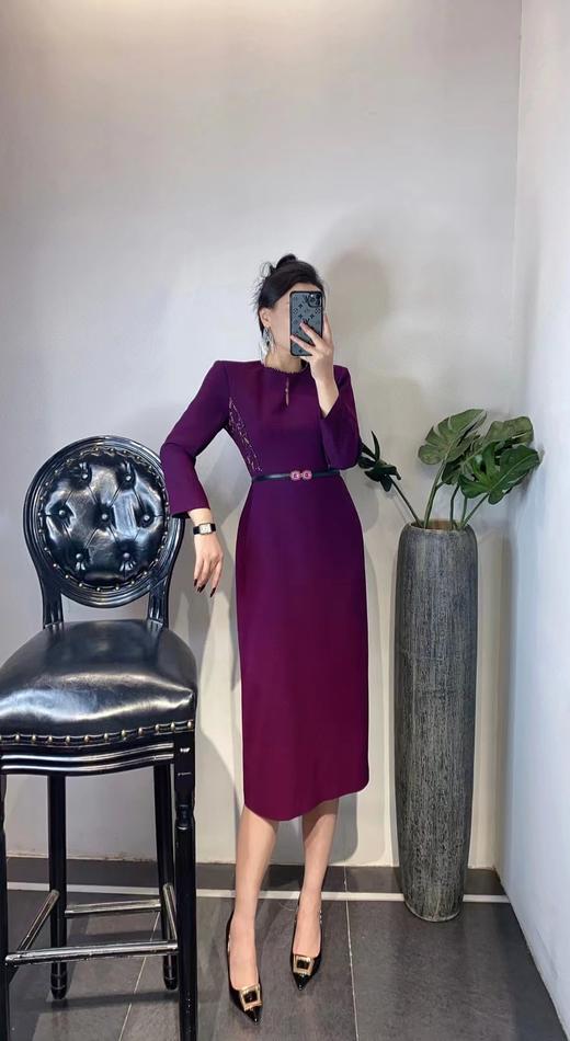 HJ1S91_齐紫色 / 漆黑色_连衣裙_春夏_轻奢圆领小镂空腰侧网纱拼接腰带显瘦通勤气质中长裙_高级女装_BERNIEELEN 伯妮斯茵 商品图5