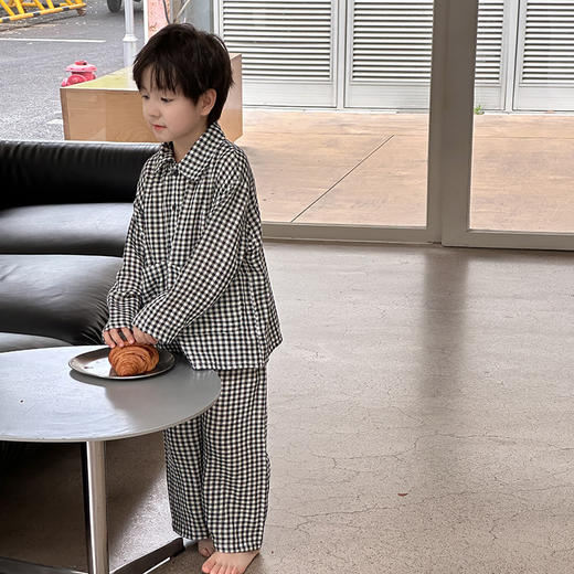 艾摩贝贝全棉格子家居服套装2024秋儿童中小大童气质条纹舒适睡衣 商品图2