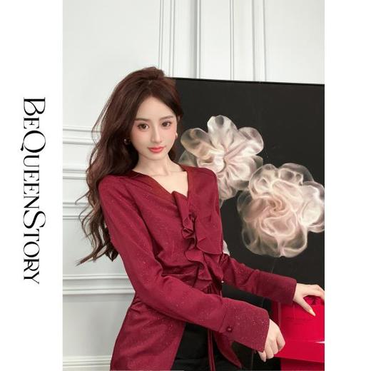 【年终福利，不退不换】  【冷萃玫瑰】高贵上档次设计感荷叶边系绳显瘦长袖衬衫 商品图0