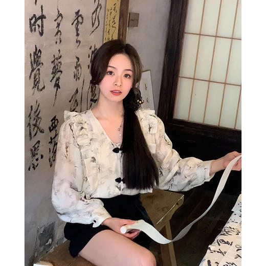 金蘑菇菇 兰亭序·水墨/轻国风 水墨晕染 花边领新中式衬衫 商品图0