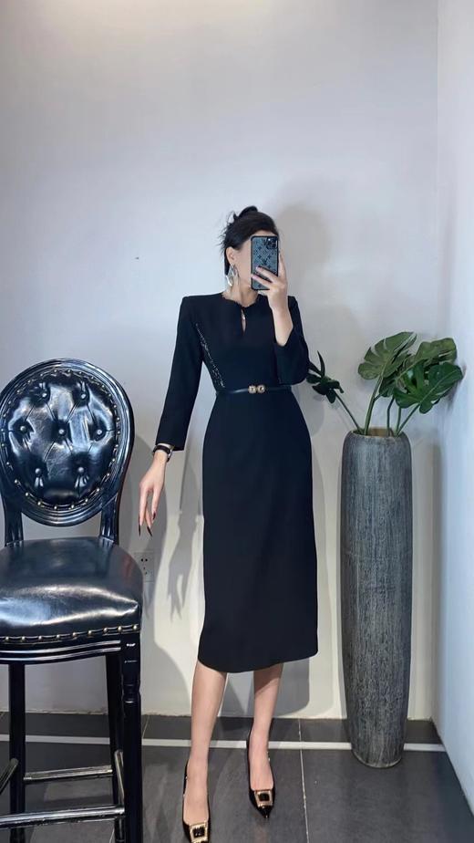 HJ1S91_齐紫色 / 漆黑色_连衣裙_春夏_轻奢圆领小镂空腰侧网纱拼接腰带显瘦通勤气质中长裙_高级女装_BERNIEELEN 伯妮斯茵 商品图1