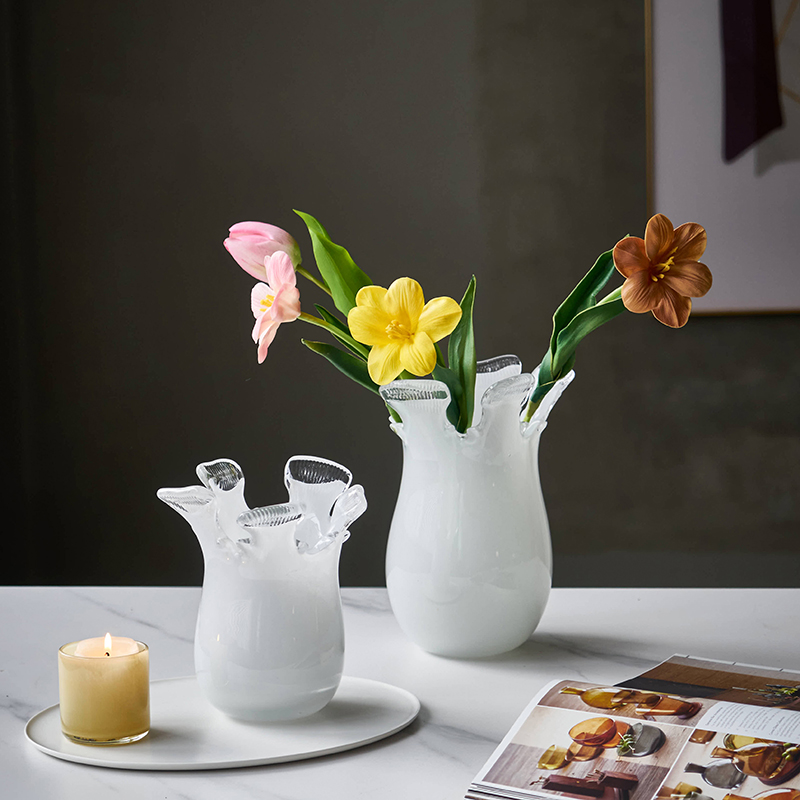 现代中古凤白色花边口玻璃花瓶水培花插花器工艺品摆件