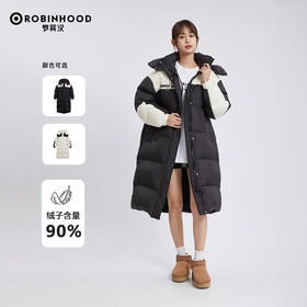 ROBINHOOD撞色拼接长款羽绒服时尚百搭H版型显瘦-R238Y6964（黑色）