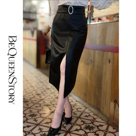 BeQueenStory【巴黎印象】高智淡人轻奢100绵羊皮开叉包臀半身裙