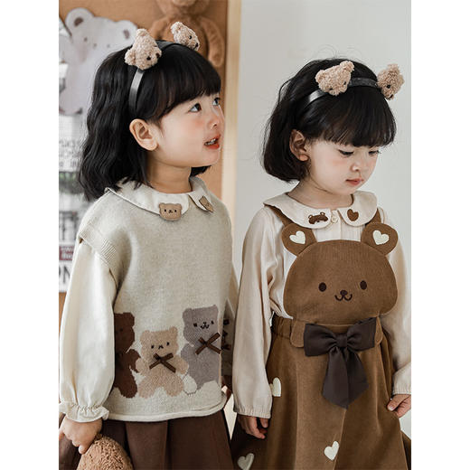 【女童小熊可爱套装】秋连衣裙马甲卡通绣标花边衬衫儿童裤子 商品图2