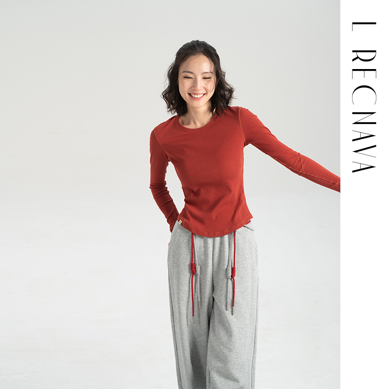 【高弹软糯棉针织】圆领修身螺纹上衣打底衫 运动休闲套头长袖