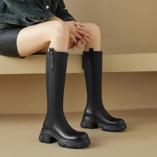 阿么手工女鞋2024新款厚底长筒靴小个子7CM显瘦不过膝真皮骑士靴 商品图2