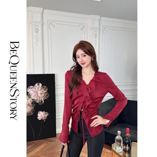 【年终福利，不退不换】  【冷萃玫瑰】高贵上档次设计感荷叶边系绳显瘦长袖衬衫 商品图3