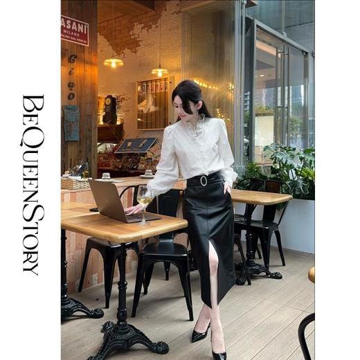 BeQueenStory【巴黎印象】高智淡人轻奢100绵羊皮开叉包臀半身裙 商品图2