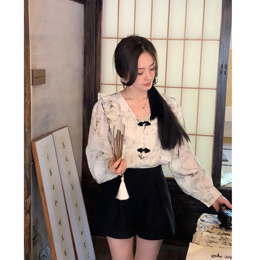 金蘑菇菇 兰亭序·水墨/轻国风 水墨晕染 花边领新中式衬衫 商品图2