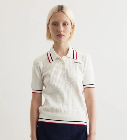 Sporty & Rich - Serif Logo Mila Polo Short Sleeves - White/Navy/Bright Red - 女装 - Polo衫  - 白色 商品图0