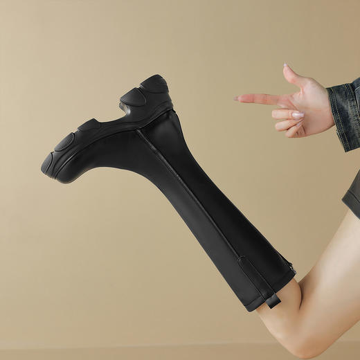 阿么手工女鞋2024新款厚底长筒靴小个子7CM显瘦不过膝真皮骑士靴 商品图3