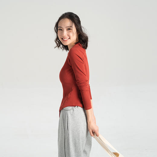【高弹软糯棉针织】圆领修身螺纹上衣打底衫 运动休闲套头长袖 商品图2