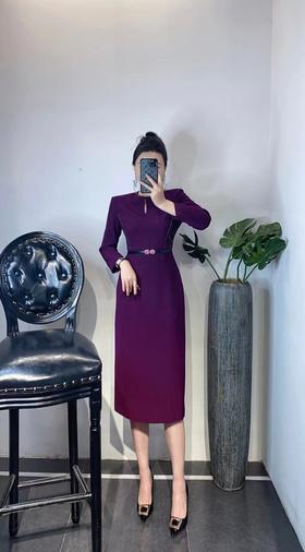 HJ1S91_齐紫色 / 漆黑色_连衣裙_春夏_轻奢圆领小镂空腰侧网纱拼接腰带显瘦通勤气质中长裙_高级女装_BERNIEELEN 伯妮斯茵