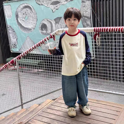 艾摩贝贝2024秋款中小大童插肩长袖纯棉T恤男童帅气拼色字母上衣 商品图2