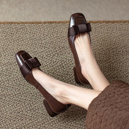 【预售5天】真皮浅口单鞋低跟圆头，蝴蝶结复古平底休闲工作鞋XMN&3272 商品图1