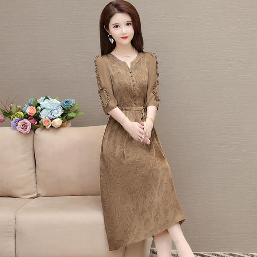 QYMLRX-1714C107-Y 印花连衣裙优雅女装木耳边中袖时尚气质中长款百褶裙A字裙 商品图1