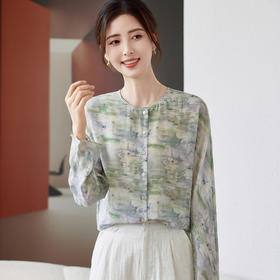 宽松圆领开衫真丝长袖衬衫，印花上衣显瘦桑蚕丝小衫KQN-11310