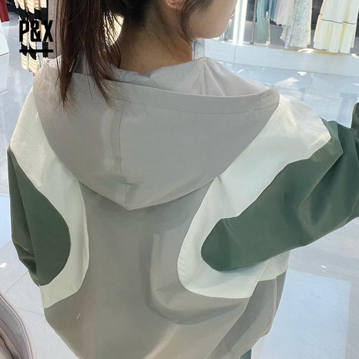 P&X设计师女装长袖连帽运动宽松套头短款卫衣 824117818 灰/绿 商品图3