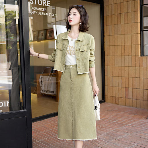 秋款时尚休闲套装印花T恤牛仔外套半裙三件套裙MJ6005M 商品图1