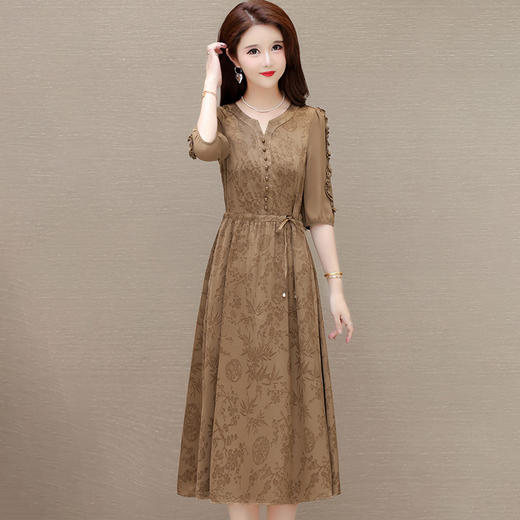 QYMLRX-1714C107-Y 印花连衣裙优雅女装木耳边中袖时尚气质中长款百褶裙A字裙 商品图0