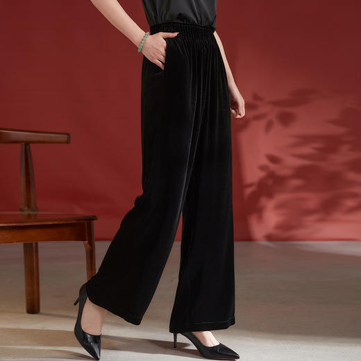 丁摩松紧高腰大码休闲裤女桑蚕丝真丝丝绒直筒长裤AL8516 商品图0