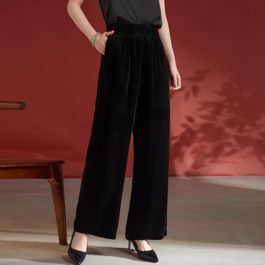 丁摩松紧高腰大码休闲裤女桑蚕丝真丝丝绒直筒长裤AL8516 商品图2