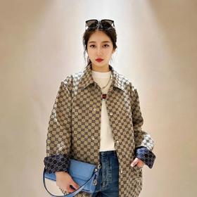 古家情侣款经典老花提花复古立领夹克外套工装衬衫