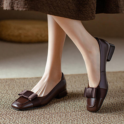 【预售5天】真皮浅口单鞋低跟圆头，蝴蝶结复古平底休闲工作鞋XMN&3272 商品图0